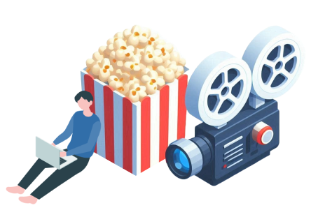 ノートパソコンで映画レビューを入力している男性のイラスト