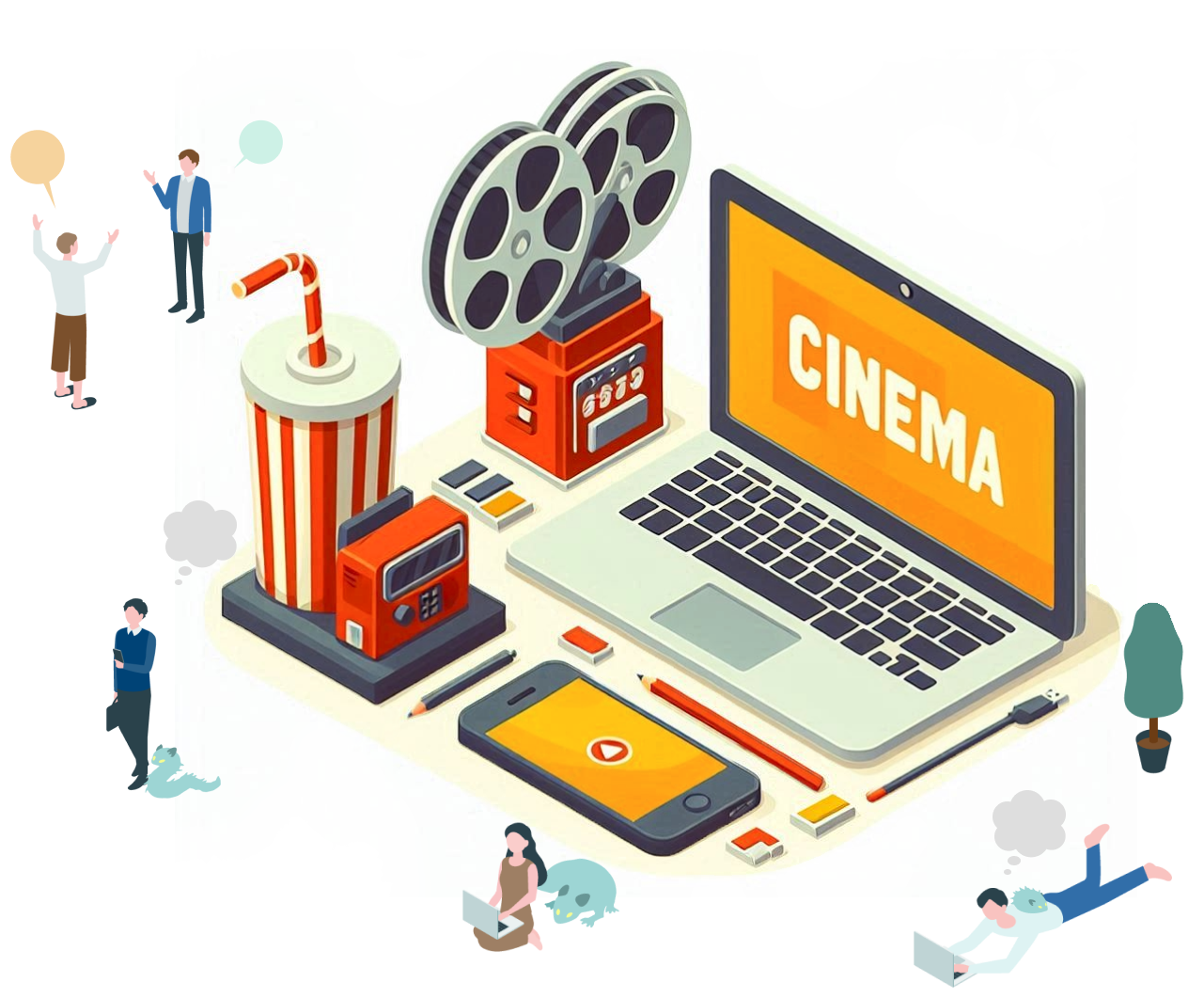メインビジュアル:人々がモンスターといっしょに映画のレビューをしている。